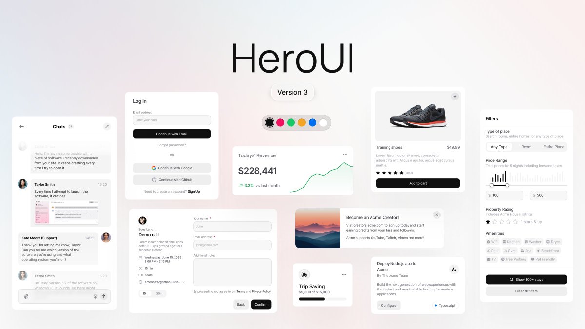 HeroUI v3 Preview! 🚀

v2 was great. v3 is next level.

What would you like to see in v3?

Reply below! 👇🏼
