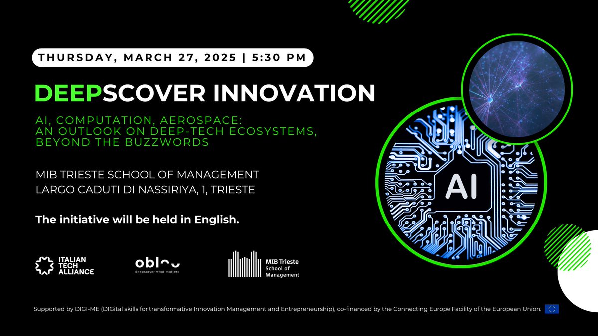 🚀 #DeepscoverInnovation at #MIBTriesteSchoolofManagement—a deep-tech event tackling AI, computing &amp; aerospace. Featuring Oxford-style #debates &amp; a keynote by #RobertoSiagri on #QuantumComputing. 
Join us 𝐢𝐧 𝐩𝐞𝐫𝐬𝐨𝐧 or 𝐨𝐧𝐥𝐢𝐧𝐞!
🔗 Register: mib.edu/en/news-events…