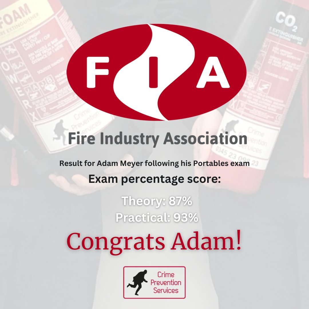 A huge congratulations to our Service Engineer, Adam, who has successfully passed his Fire Extinguisher Course! 👏
Adam has been a valued member of Crime Prevention Services since 2021, and we couldn’t be prouder of his dedication.
Well done, Adam!
 #FireSafety #TrainingSuccess