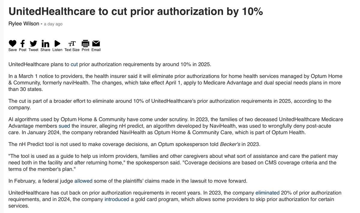 Don’t fall for the hype…. UHC has failed to commit to cutting the prior authorizations that hit patients the most (medications and procedures).  They continue to cut at the margins without making meaningful prior authorization change.  Remember that UHG’s CEO, Andrew Witty,