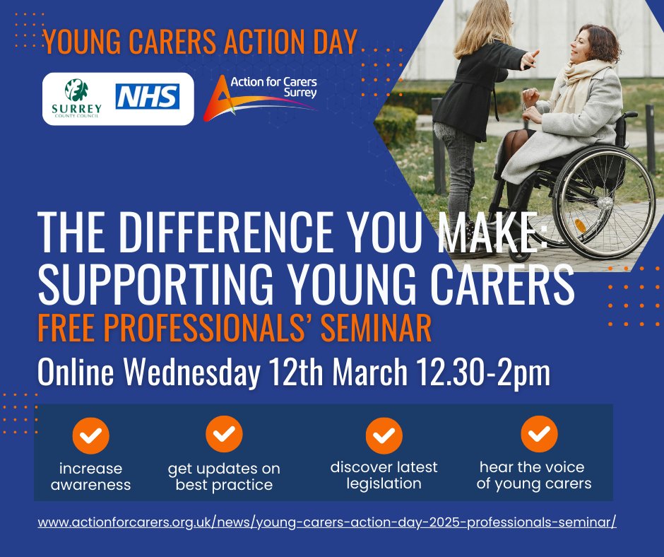 Do you encounter young people in your working life? This Young Carers Action Day join Action for Carers' free online seminar to understand the difference you can make to young carers’ lives by helping them access the right support. Sign up: actionforcarers.org.uk/news/young-car…