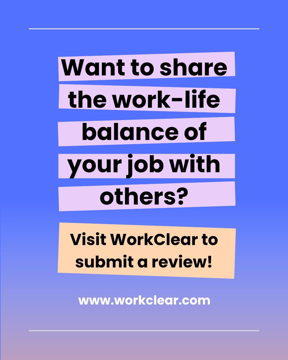 workclear's tweet image. Help others get insight into what their work-life balance might be like when they take a job at your company!

#worklifebalance #worklifebalanced #workingmom #nextjob #newjob