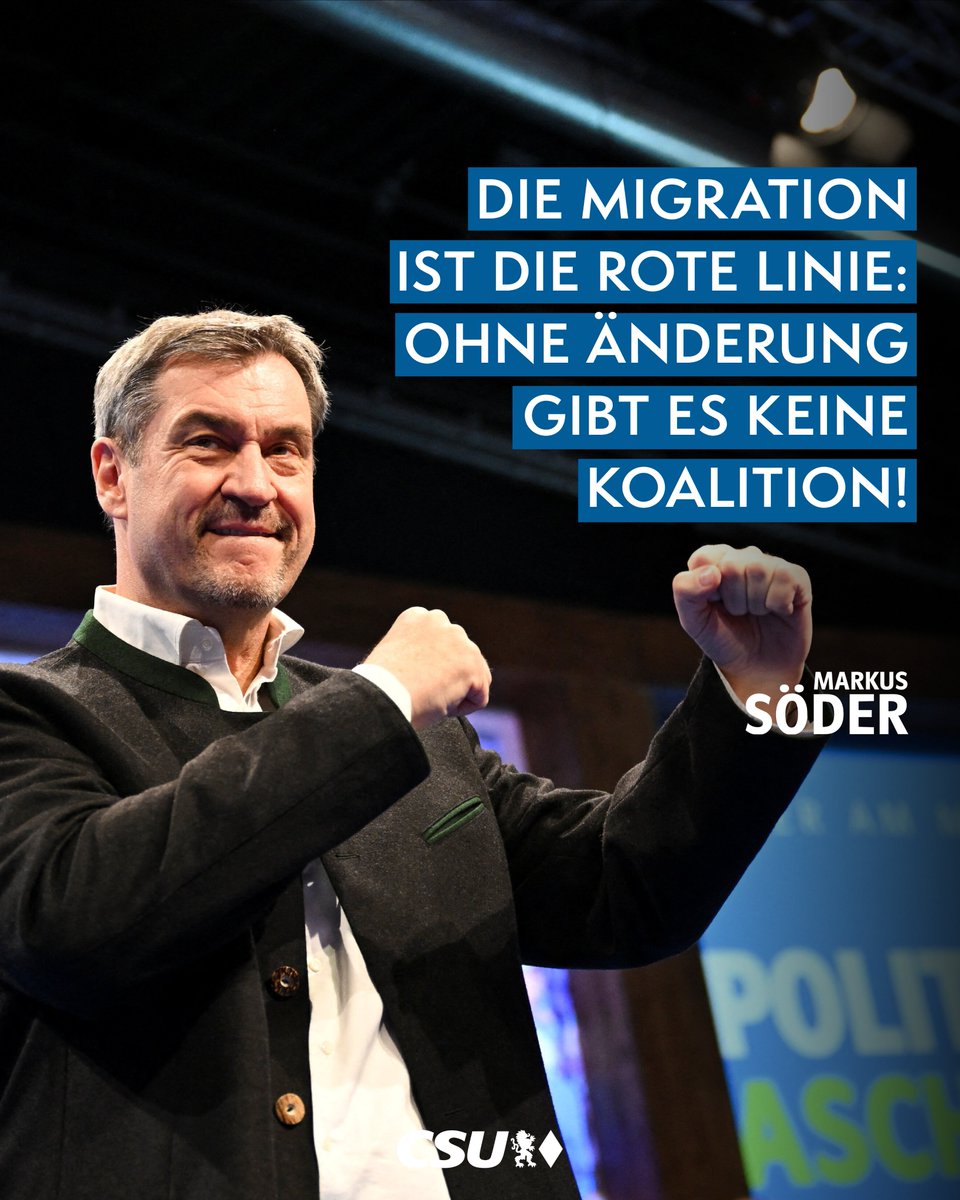 Die Migration ist die rote Linie: Ohne Änderung gibt es keine Koalition! Die #Migration überfordert das Land finanziell, kulturell und bei der #Sicherheit. Wir müssen die illegale Migration beenden. Wir brauchen eine Grenzpolizei nach bayerischem Vorbild. Und es muss klar sein: