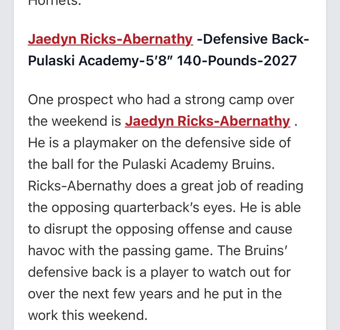 Jae Ricks-Abernathy (@babycheetah2027) on Twitter photo AGTG ππΎ
Thanks for the write-up and recognition <a href="/tctabler/">PrepRedZoneTom Tabler</a> <a href="/PrepRedzoneAR/">Prep Redzone Arkansas</a> , Iβm excited to keep working during the offseason to sharpen my skills
<a href="/PABruinFootball/">PA Bruin Football</a> <a href="/CoachJJ0NES/">Jamal Jones</a> <a href="/alucas80/">Anthony Lucas</a> <a href="/coachtaylorpa/">madison taylor</a> AGTG ππΎ
Thanks for the write-up and recognition <a href="/tctabler/">PrepRedZoneTom Tabler</a> <a href="/PrepRedzoneAR/">Prep Redzone Arkansas</a> , Iβm excited to keep working during the offseason to sharpen my skills
<a href="/PABruinFootball/">PA Bruin Football</a> <a href="/CoachJJ0NES/">Jamal Jones</a> <a href="/alucas80/">Anthony Lucas</a> <a href="/coachtaylorpa/">madison taylor</a>