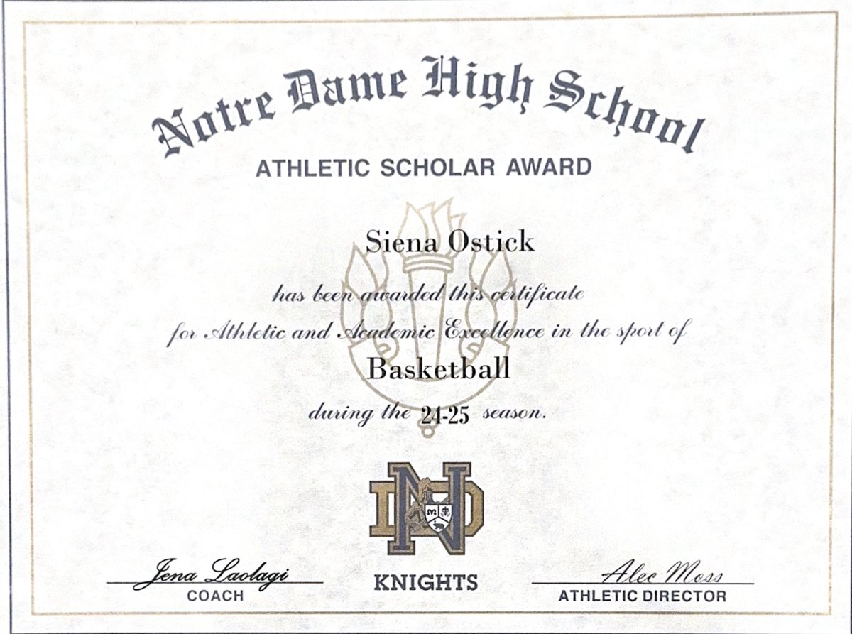 SienaOstick2028 (@sienaostick2028) on Twitter photo At last night's Notre Dame Women's Varsity Basketball banquet I won 3 awards as a Freshman:
2nd Team All Mission League
Most Outstanding Defensive Player
Athletic Scholar Award
<a href="/coachjena55/">Jena Laolagi</a> <a href="/NDAthleticsSO/">Notre Dame Knights Athletics</a> <a href="/bigdad8316/">Alec Moss</a> <a href="/giddygams/">Gideon Gamble</a> <a href="/Coach_Delus/">Coach Stan Delus</a> <a href="/SASwishHoops/">Sports Academy Swish</a> <a href="/roberticart/">Robert Icart</a> <a href="/BTIHoops/">BTI Basketball Club</a> At last night's Notre Dame Women's Varsity Basketball banquet I won 3 awards as a Freshman:
2nd Team All Mission League
Most Outstanding Defensive Player
Athletic Scholar Award
<a href="/coachjena55/">Jena Laolagi</a> <a href="/NDAthleticsSO/">Notre Dame Knights Athletics</a> <a href="/bigdad8316/">Alec Moss</a> <a href="/giddygams/">Gideon Gamble</a> <a href="/Coach_Delus/">Coach Stan Delus</a> <a href="/SASwishHoops/">Sports Academy Swish</a> <a href="/roberticart/">Robert Icart</a> <a href="/BTIHoops/">BTI Basketball Club</a>