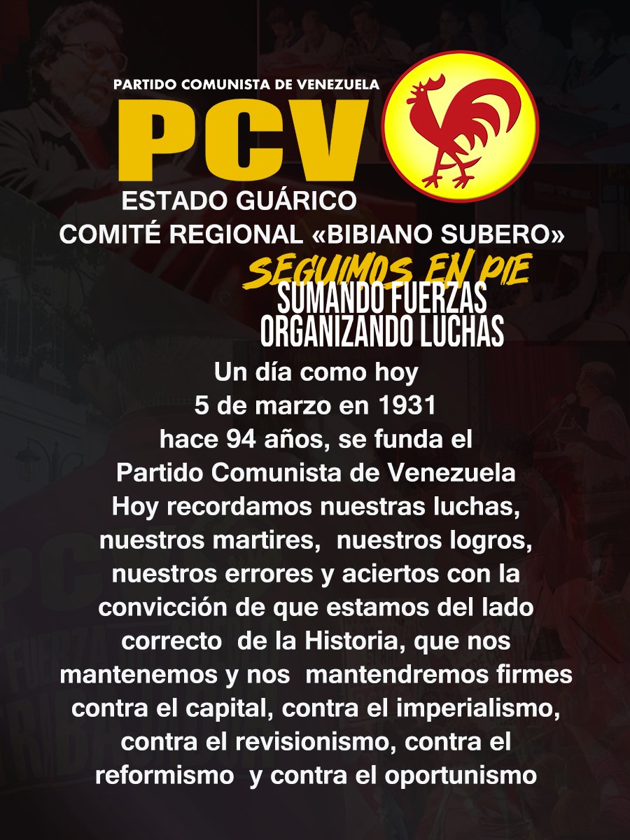 PCV Estado Guárico (@pcv_guarico) on Twitter photo Desde nuestra Dirección Regional decimos: Que viva nuestro glorioso <a href="/PCV_Venezuela/">Partido Comunista de Venezuela ☭</a> en sus 94 años de Historia, hoy Venezuela cumple 94 años, seguiremos luchando y venciendo <a href="/OscarFigueraPCV/">Oscar Figuera</a> <a href="/Ali_AJP/">Ali Jimenez</a> <a href="/angelostos/">Angel Ostos PCV☭</a> <a href="/_TribunaPopular/">Tribuna Popular Web</a> <a href="/FNLCT/">Frente Nacional de Lucha de la Clase Trabajadora</a> Desde nuestra Dirección Regional decimos: Que viva nuestro glorioso <a href="/PCV_Venezuela/">Partido Comunista de Venezuela ☭</a> en sus 94 años de Historia, hoy Venezuela cumple 94 años, seguiremos luchando y venciendo <a href="/OscarFigueraPCV/">Oscar Figuera</a> <a href="/Ali_AJP/">Ali Jimenez</a> <a href="/angelostos/">Angel Ostos PCV☭</a> <a href="/_TribunaPopular/">Tribuna Popular Web</a> <a href="/FNLCT/">Frente Nacional de Lucha de la Clase Trabajadora</a>