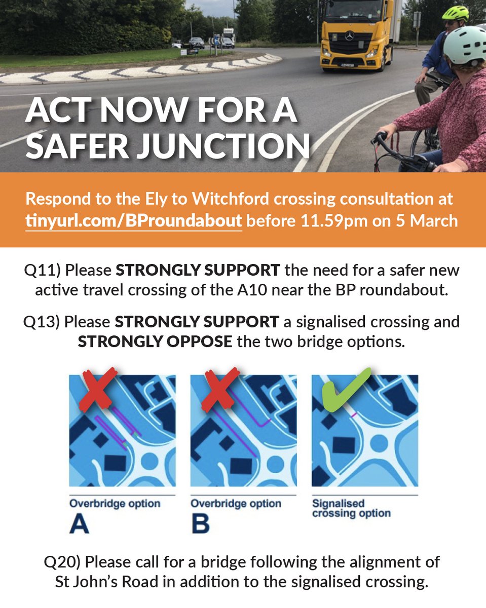 Camcycle (@camcycle) on Twitter photo ACT NOW for a safe junction in East Cambridgeshire: <a href="/ElyCycle/">Ely Cycling Campaign</a> needs your support🚲
Please complete the consultation survey on a new crossing between Ely and Witchford at tinyurl.com/BProundabout before midnight TONIGHT (Weds 5 March).
Read more at camcycle.org.uk/blog/2025/03/a… ACT NOW for a safe junction in East Cambridgeshire: <a href="/ElyCycle/">Ely Cycling Campaign</a> needs your support🚲
Please complete the consultation survey on a new crossing between Ely and Witchford at tinyurl.com/BProundabout before midnight TONIGHT (Weds 5 March).
Read more at camcycle.org.uk/blog/2025/03/a…