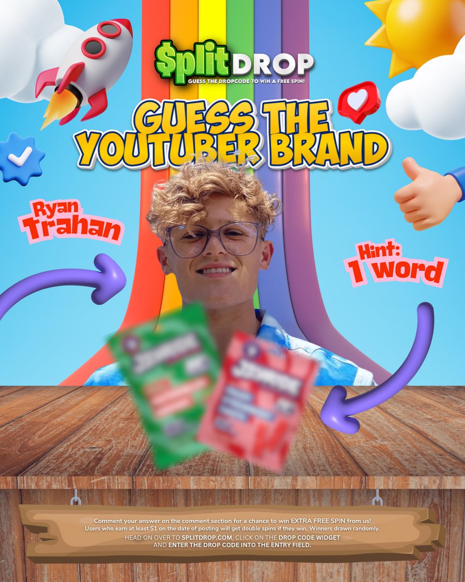 Guess the Drop Code to win a FREE SPIN!!

This week, let's check out some of the BRANDS that YOUTUBERS launched! Today, it's <a href="/RyanTrahan/">Ryan Trahan</a> !

DROP CODE EXPIRES at Midnight New York time. So hurry and get your code!