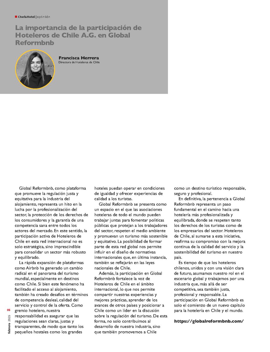 📌 Los invitamos a leer la columna: “La importancia de la participación de Hoteleros de Chile A.G. en <a href="/GlobalReformbnb/">Global Reformbnb</a>" de <a href="/franherrerane/">Francisca Herrera N.</a>, directora de Hoteleros, en revista #ChefandHotel.
👉 rb.gy/351thp

#Turismo #Hoteleria #Chile