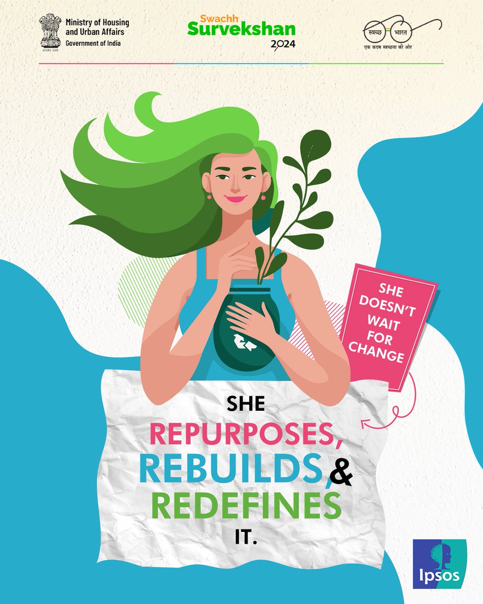SwachSurvekshan's tweet photo. She doesn’t wait for change—she creates it.
From waste to worth, from discarded to reimagined. ♻️💪

This Women’s Day, let’s celebrate the power of sustainability in her hands! 🌍✨

@swachhbharatgov
@mohua_india
@ipsosinindia
#SwachhSurvekshan2024 #3RForTheWin #HappyWomensDay https://t.co/0b1TMAmYrO