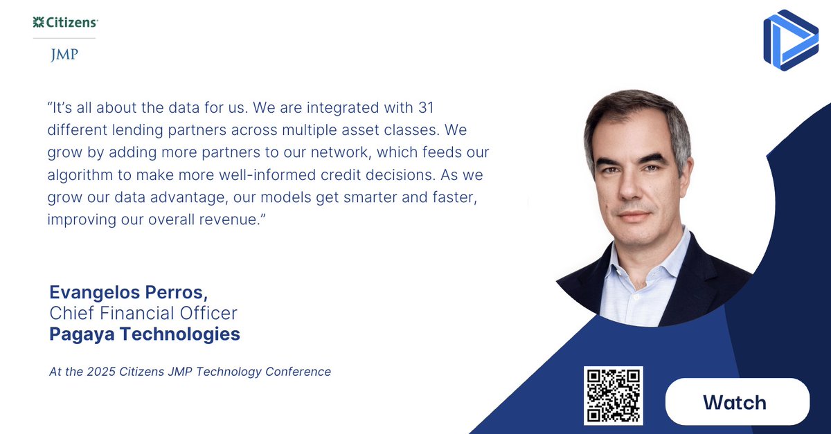 At the Citizens JMP Technology Conference, Pagaya CFO Evangelos Perros spoke with David Scharf about Pagaya’s differentiated business model and our focus for 2025 as we move towards GAAP profitability.

"It’s all about the data for us. We're integrated with 31 different lending