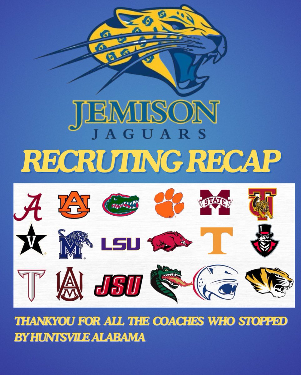 Mae Jemison High Football (@jemisonjags) on Twitter photo Thank You To All The Coaches Who Stopped By Jemison High To Recruit Our Student Athletes #GoJags <a href="/JemisonJags/">Mae Jemison High Football</a> Thank You To All The Coaches Who Stopped By Jemison High To Recruit Our Student Athletes #GoJags <a href="/JemisonJags/">Mae Jemison High Football</a>