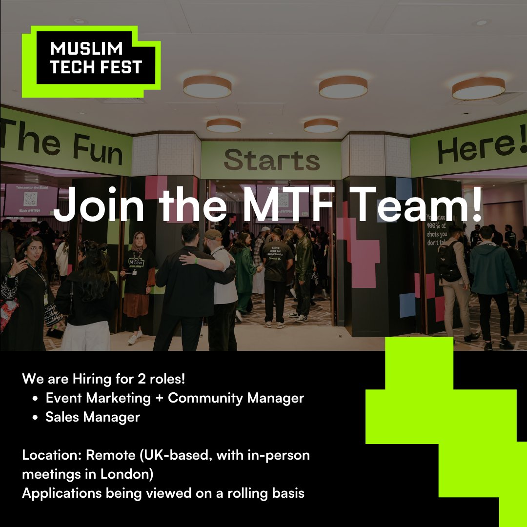Arfah 🇵🇸 (@arf_22) on Twitter photo .<a href="/muslimtechfest/">Muslim Tech Fest</a> is hiring for 2 roles!
We're looking to recruit a Sales Manager and an Event Marketing + Community Manager.
If you know someone who is super talented and aligns with our values, then share this with them!
shelled-argument-922.notion.site/Job-Roles-at-M… .<a href="/muslimtechfest/">Muslim Tech Fest</a> is hiring for 2 roles!
We're looking to recruit a Sales Manager and an Event Marketing + Community Manager.
If you know someone who is super talented and aligns with our values, then share this with them!
shelled-argument-922.notion.site/Job-Roles-at-M…