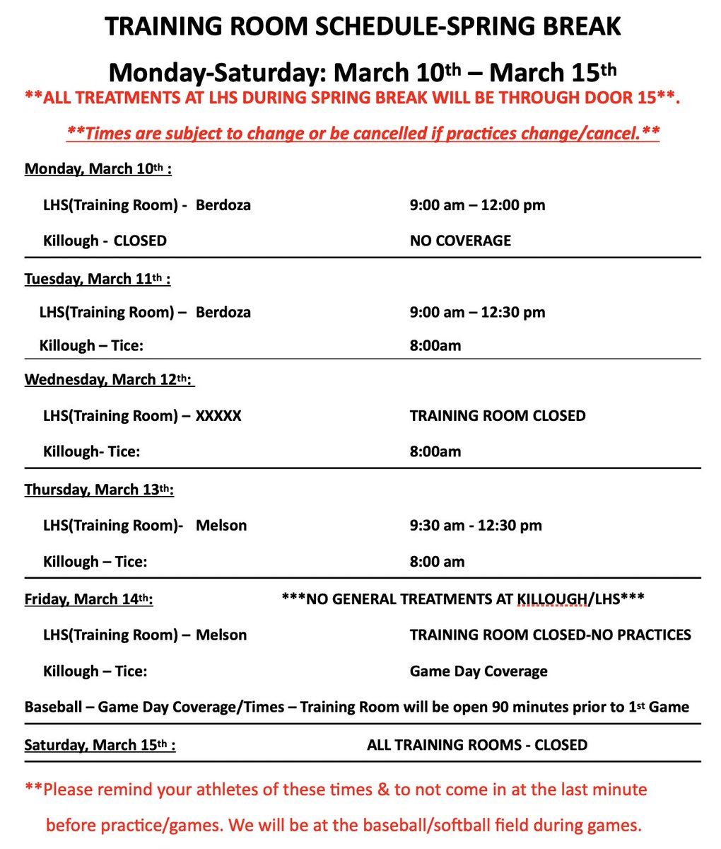 Spring Break is right around the corner.... but the work doesn't stop for us! 
Check out the training room schedule for next week.