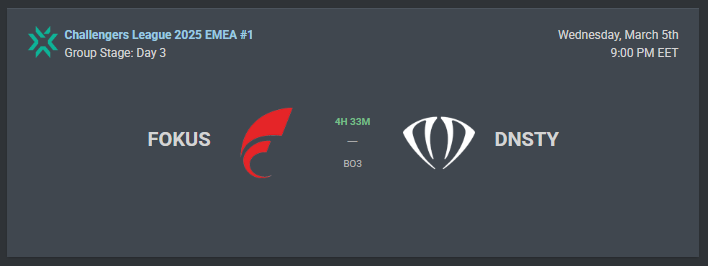 Playing vs <a href="/DNSTYgg/">DNSTY</a> in our second game of Challengers EMEA today. 

Let's have a good showing and secure our spot in the playoffs.

#123FOKUS