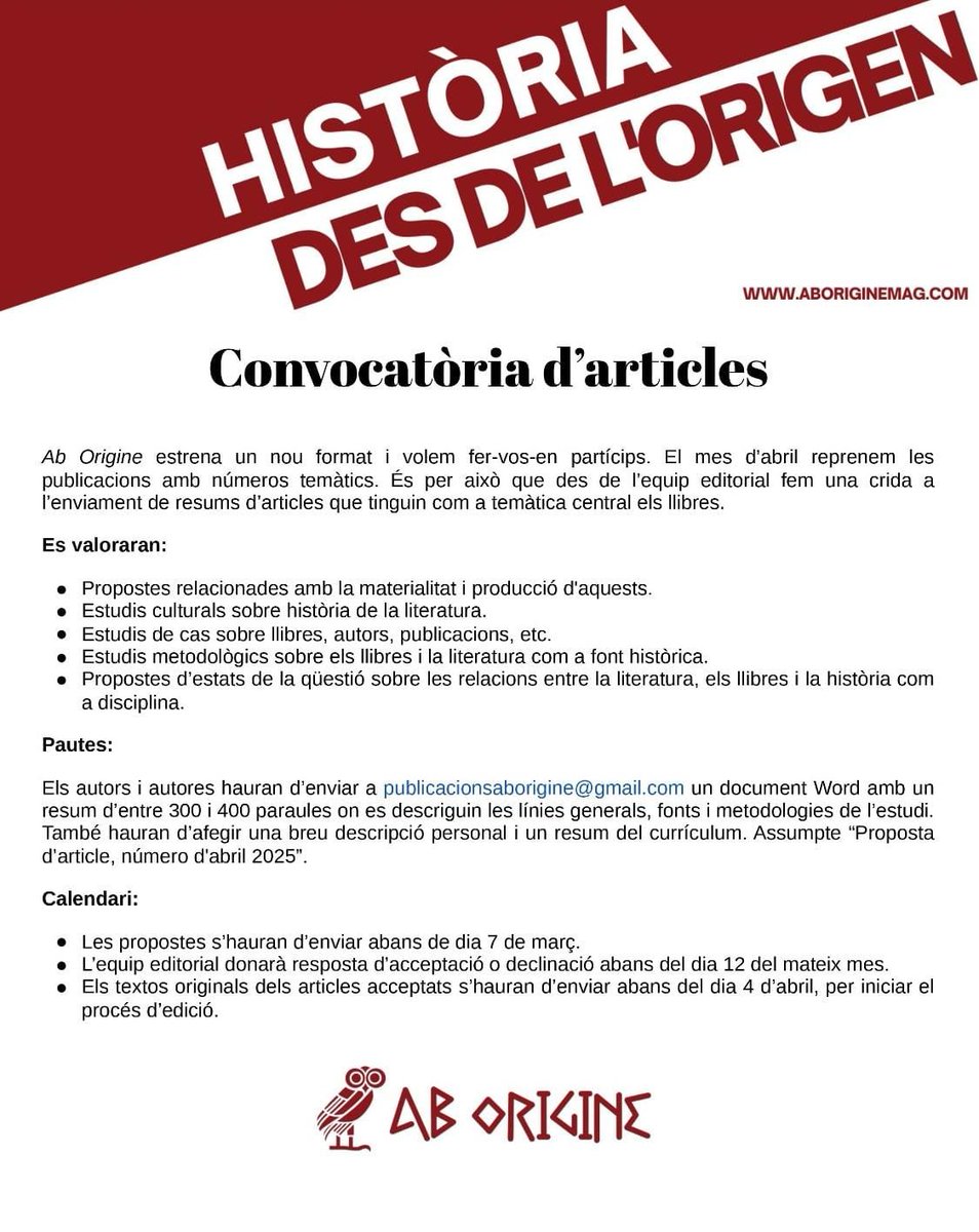 🦉 Recordeu que encara queden dos dies per presentar la vostra proposta de cara al següent número! 📚📖

Envieu-la a publicacionsaborigine@gmail.com 📩