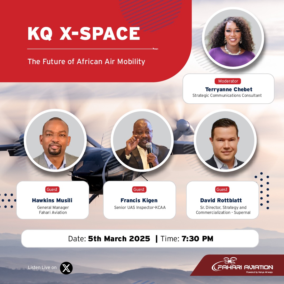 #KQXSpace

Join us today, the 05th of March, as we discuss the role KQ's <a href="/FahariAviation/">Fahari Aviation</a> among other key industry players are playing in driving the future of air mobility in Africa, as we gear up for the inaugural Advanced Air Mobility Symposium taking place from the 18th to