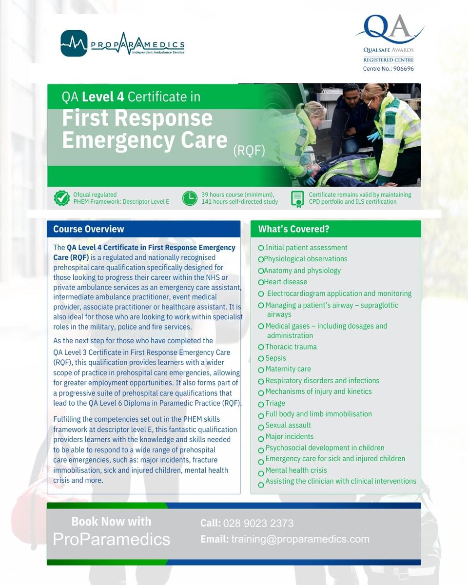 🚑 Qualsafe FREC4 Emergency Care Training

📍 Belfast | Weavers Court
📅 7–11 April &amp; 17–21 Nov 2025
- Nationally recognised prehospital care qualification
- Ideal for emergency services, ambulance &amp; event medical roles
📢 Limited spots – book now!
proparamedics.com/product/frec-4