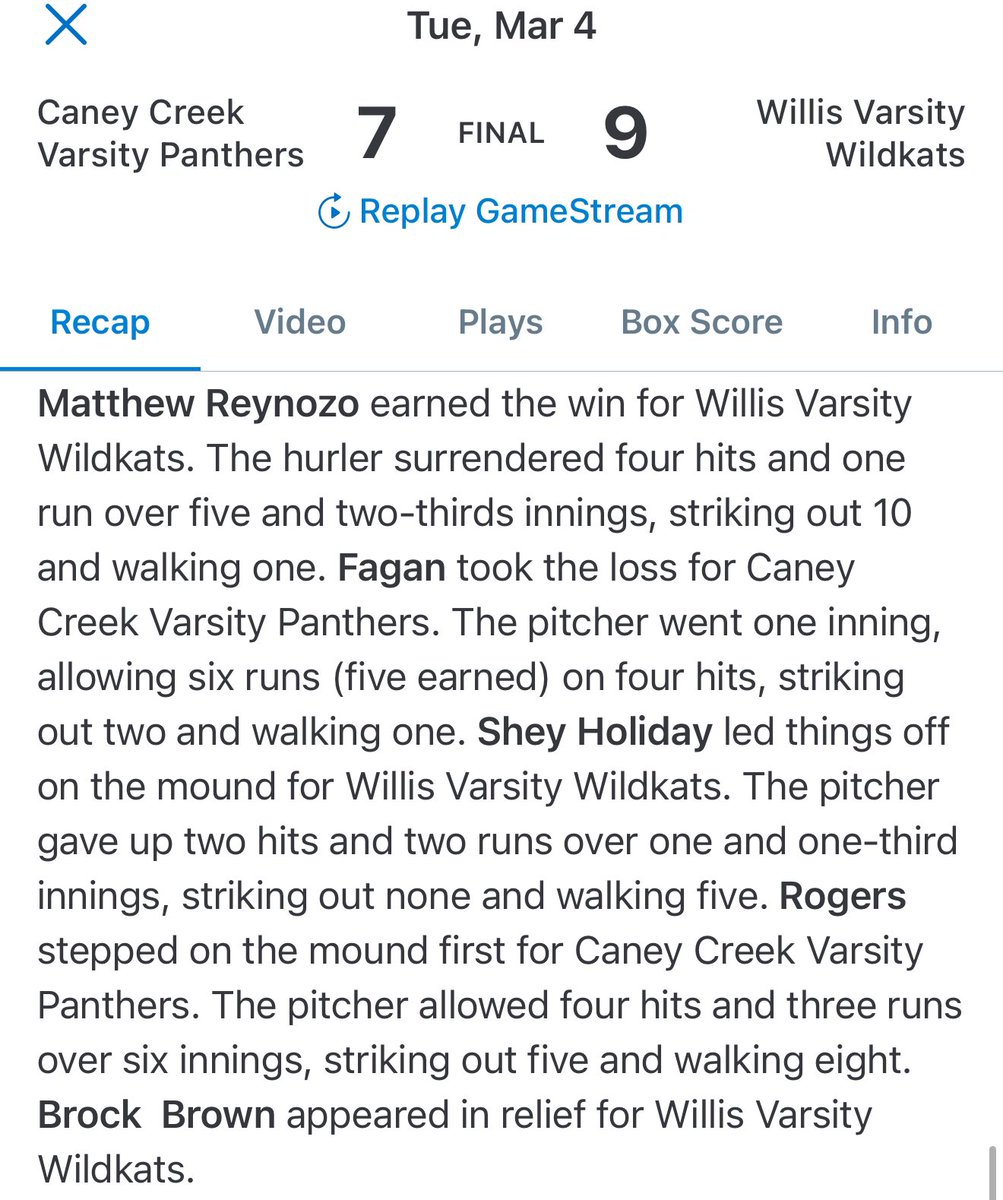 <a href="/ReynozoMatthew/">Matthew Reynozo</a> went in the 3rd inning to help his team, that was in a jam and shut it down. 10K 4H 1ER 1BB. His team fought hard and came back in the 8th inning with a walk off homer. <a href="/Willis_HS_TX/">Willis High School</a> Willis is 2-0 in direct.