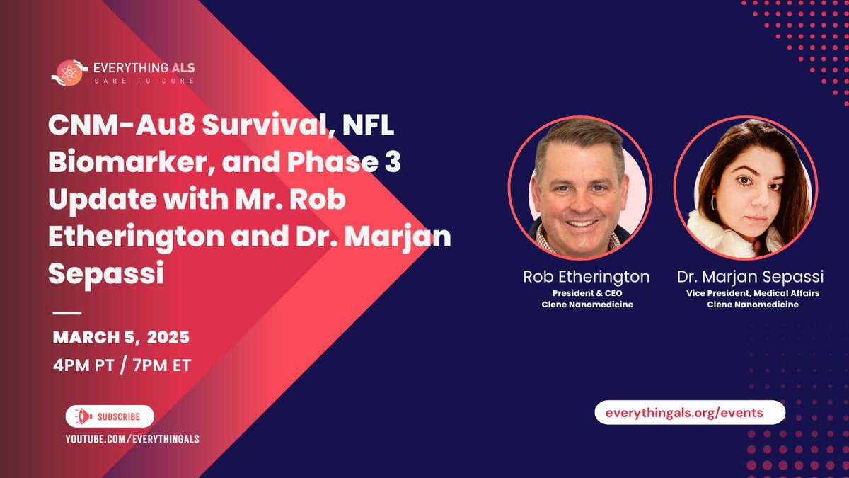EverythingALS (@everything_als) on Twitter photo REMINDER: Our next webinar is TONIGHT at 7 PM ET / 4 PM PT, featuring Rob Etherington, President & CEO of Clene Nanomedicine, and Dr. Marjan Sepassi, VP of Medical Affairs at Clene Nanomedicine.
Register here: everythingals.org/events
#als #alsresearch <a href="/CleneNano/">Clene Nanomedicine</a> #CNMAu8 REMINDER: Our next webinar is TONIGHT at 7 PM ET / 4 PM PT, featuring Rob Etherington, President & CEO of Clene Nanomedicine, and Dr. Marjan Sepassi, VP of Medical Affairs at Clene Nanomedicine.
Register here: everythingals.org/events
#als #alsresearch <a href="/CleneNano/">Clene Nanomedicine</a> #CNMAu8