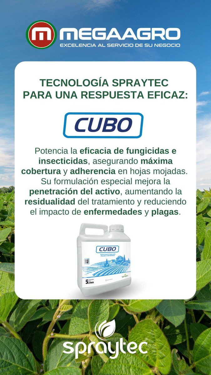 ¡A cuidar la soja!

Agregue CUBO junto al fungicida 👊
➕ Sanidad
➕ Estimulación, nutrientes y paquete coadyuvante.

Tecnología Spraytec 💪