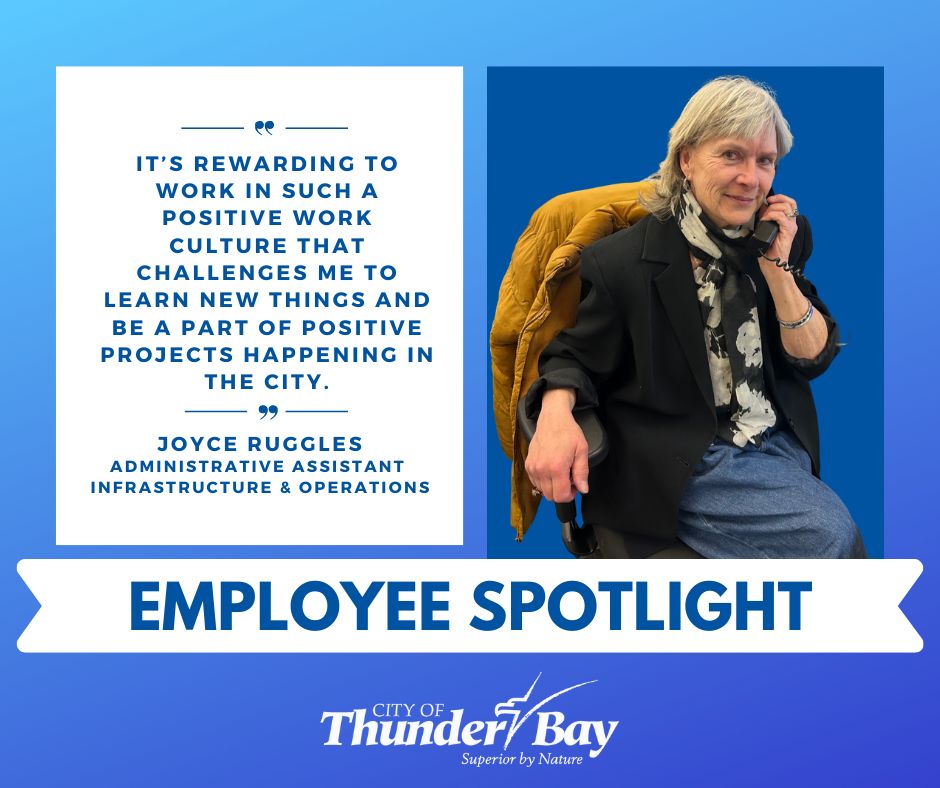 CityThunderBay's tweet photo. Joyce Ruggles, Administrative Assistant, features in this month's Employee Spotlight, a series recognizing our employees and the programs and services they provide. Check out the Employee Spotlight at https://t.co/5yodYN0tO1 https://t.co/PHNkNoSagk