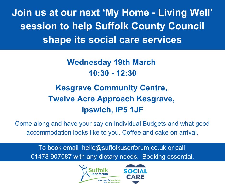 Suffolk User Forum (SUF) (@sufmentalwealth) on Twitter photo We invite you to attend our next My Home – Living Well focus group on Wed 19 March at Kesgrave Community Centre. This session will focus on the important topics of individual budgets and what ‘good accommodation’ looks like to you. <a href="/SNEEICB_IES/">NHS SNEE ICB - Ipswich and east Suffolk</a> @SuffolkLibrary <a href="/SCCPublicHealth/">Healthy Suffolk</a> We invite you to attend our next My Home – Living Well focus group on Wed 19 March at Kesgrave Community Centre. This session will focus on the important topics of individual budgets and what ‘good accommodation’ looks like to you. <a href="/SNEEICB_IES/">NHS SNEE ICB - Ipswich and east Suffolk</a> @SuffolkLibrary <a href="/SCCPublicHealth/">Healthy Suffolk</a>