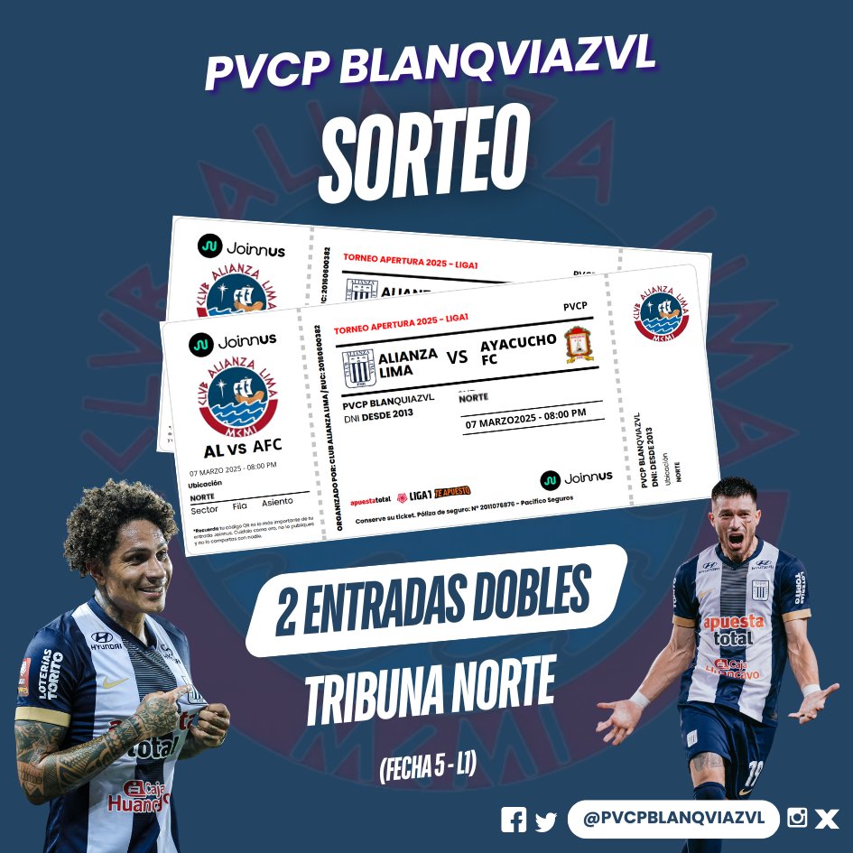 PVCP BLANQVIAZVL (@pvcpblanqviazvl) on Twitter photo 📢¡SORTEO DE ENTRADAS!🎟️
🌟Pvcp Blanqviazvl sortea 2 entradas dobles para tribuna NORTE del Alianza Lima - Ayacucho FC del 07/03 a las 8 PM🕣
📢 Para participar:
1⃣Sigue a <a href="/PvcpBlanqviazvl/">PVCP BLANQVIAZVL</a> en Twitter e Instagram
2️⃣RT a este post💙🤍
🔗Link Instagram: goo.su/4zrrdf 📢¡SORTEO DE ENTRADAS!🎟️
🌟Pvcp Blanqviazvl sortea 2 entradas dobles para tribuna NORTE del Alianza Lima - Ayacucho FC del 07/03 a las 8 PM🕣
📢 Para participar:
1⃣Sigue a <a href="/PvcpBlanqviazvl/">PVCP BLANQVIAZVL</a> en Twitter e Instagram
2️⃣RT a este post💙🤍
🔗Link Instagram: goo.su/4zrrdf