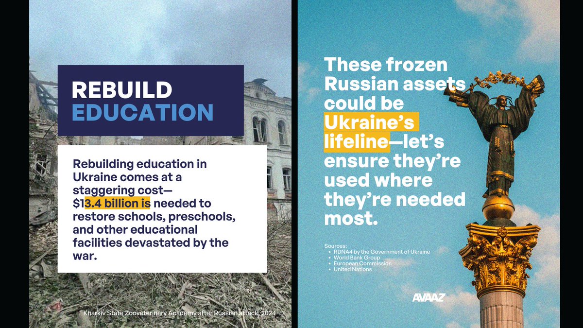 Avaaz's tweet image. €300 billion in frozen Russian assets—locked away, untouched!  As Ukraine fights for survival, this fortune sits idle. But what if it could be used to deliver urgent aid, rebuild homes, and restore schools and hospitals? 🇺🇦