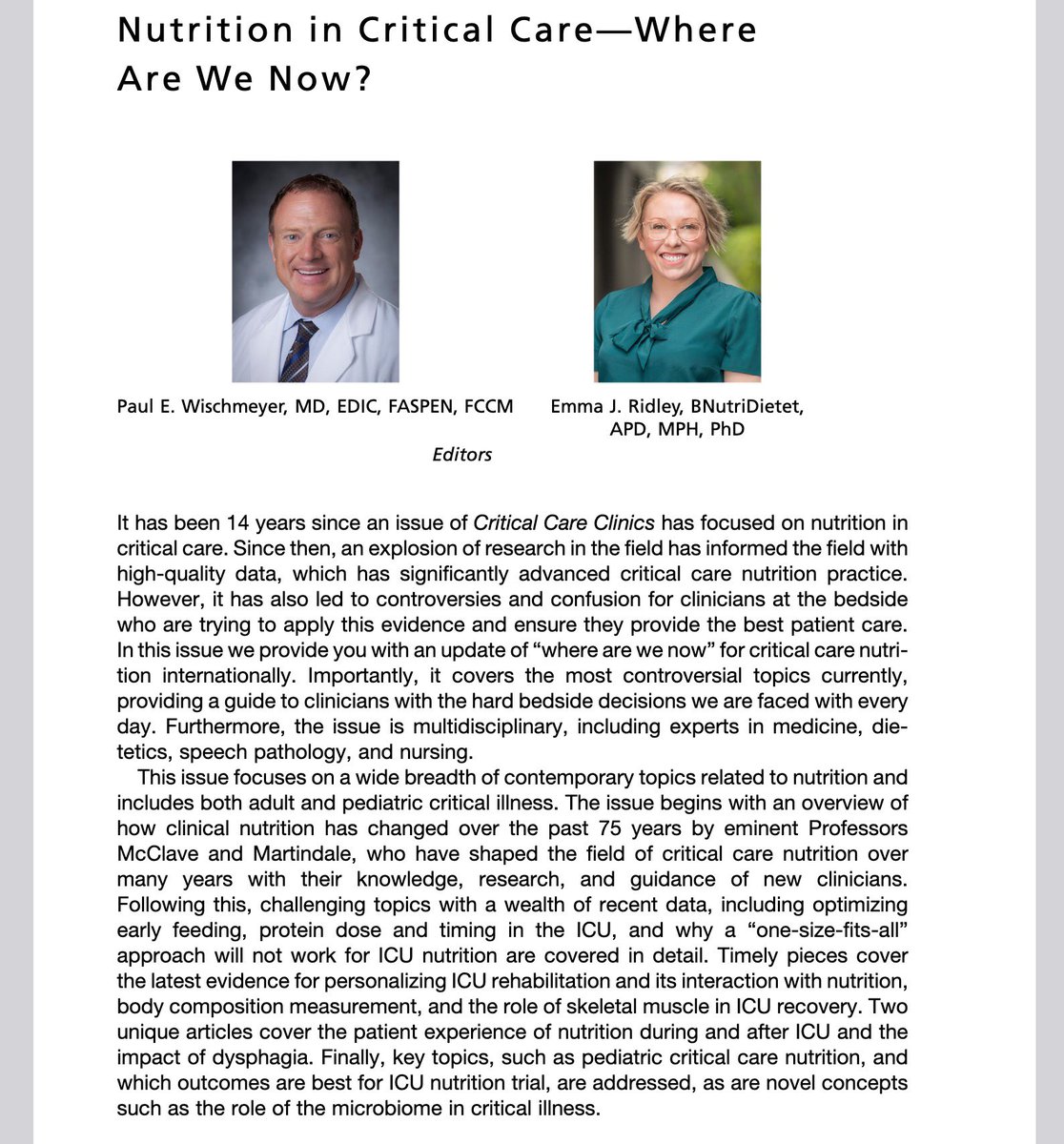 Paul Wischmeyer MD (@paul_wischmeyer) on Twitter photo 🙋♂️NEW Critical Care Clinics Issue! Critical Care Nutrition-Where Are We Now?
📝 12 new cutting-edge papers on ICU nutrition exercise, & rehabilitation
Full Issue Link: criticalcare.theclinics.com/issue/S0749-07…
For copies of any papers feel free to email me at:
Paul.Wischmeyer@duke.edu 🙋♂️NEW Critical Care Clinics Issue! Critical Care Nutrition-Where Are We Now?
📝 12 new cutting-edge papers on ICU nutrition exercise, & rehabilitation
Full Issue Link: criticalcare.theclinics.com/issue/S0749-07…
For copies of any papers feel free to email me at:
Paul.Wischmeyer@duke.edu