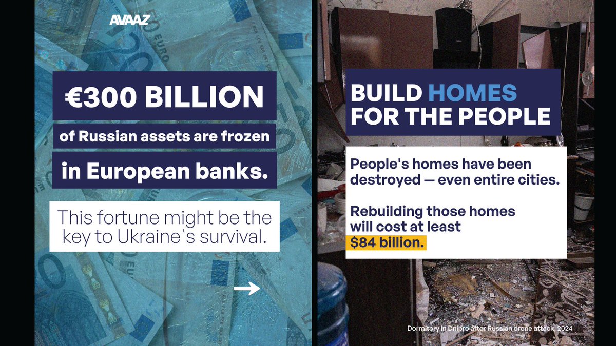 Avaaz's tweet image. €300 billion in frozen Russian assets—locked away, untouched!  As Ukraine fights for survival, this fortune sits idle. But what if it could be used to deliver urgent aid, rebuild homes, and restore schools and hospitals? 🇺🇦