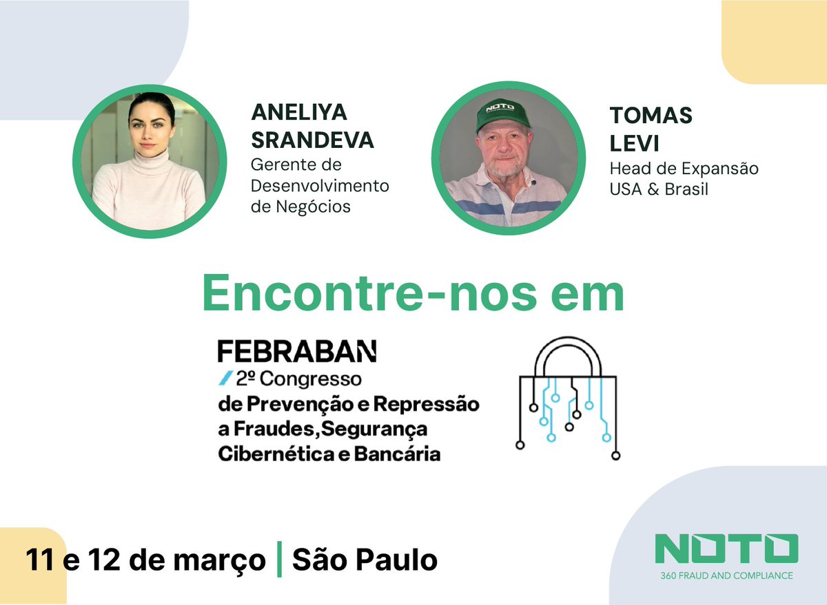 Notolytix's tweet photo. 🗓 1 week to go! Meet NOTO at FEBRABAN’s Fraud Prevention Congress!
📍 March 11-12 | São Paulo
🔍 Spot the green NOTO hat &amp; connect with Aneliya Srandeva &amp; Tomas Levi to discuss the future of fraud prevention &amp; compliance.
#NOTO #FraudPrevention #CyberSecurity #BankingSecurity https://t.co/l9NeHQtU0s
