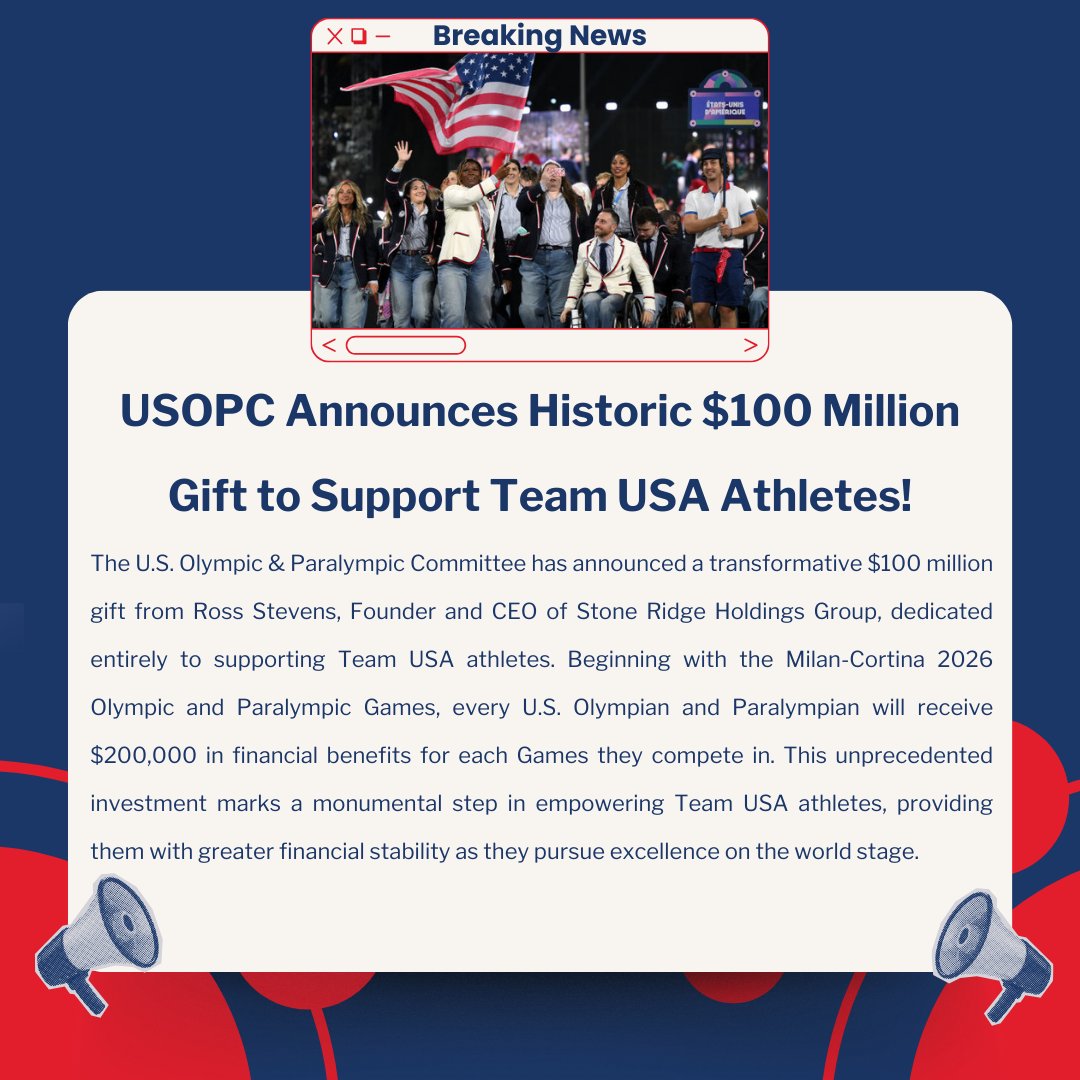 USOPC Announces Historic $100 Million Gift to Support Team USA Athletes!!

To Read More about the Donation and what this means for athletes: Click the Link in Our Bio!