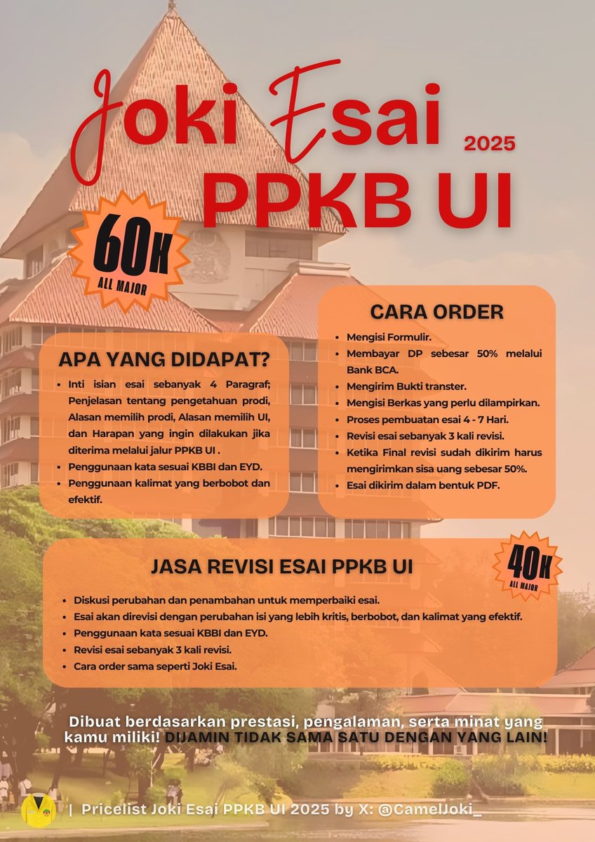 CamelJoki_'s tweet image. JOKI ESAI PPKB UI 2025 MURAH!!!!

Yuk-yuk, harga murah, kualitas tidak murahan😎 

BISA REVISI ESAI JUGA!!!!!

#ui #ppkb #ppkbUI #jokiesai #jokitugas