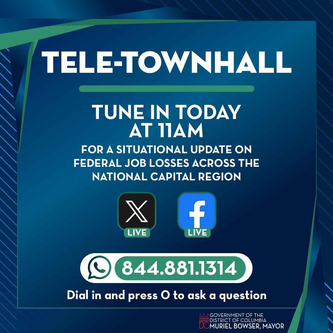 Attention federal workers! 📢

We're 1 hour away from the Situational Update Tele-Townhall on federal job losses across the greater DC area.

Tune in live at 11AM to join the conversation—and, if you're a federal worker, press 0 to ask a question.

📱Call: 844-881-1314