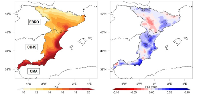 Estamos viendo primaveras más lluviosas y con mayor variabilidad interanual en las últimas tres décadas  en las cuencas del Júcar y Segura:
- Intensificación de la precipitación en marzo.
- Cambios en la advección de vapor de agua desde el Mediterráneo.
doi.org/10.1016/j.atmo…