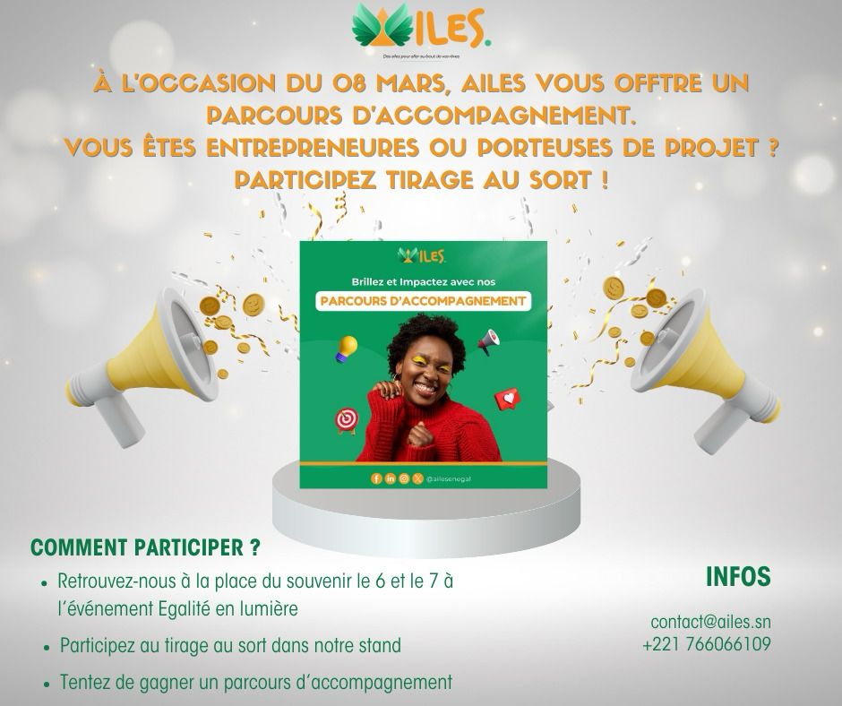 Rejoignez-nous à l’événement Égalité en lumière le 6 et 7 mars à la place du souvenir et participez au tirage au sort au stand Ailes.
#ailes #entrepreneuriatfeminin
#journeedesdroitsdelafemme #8mars #Egaliteenlumiere