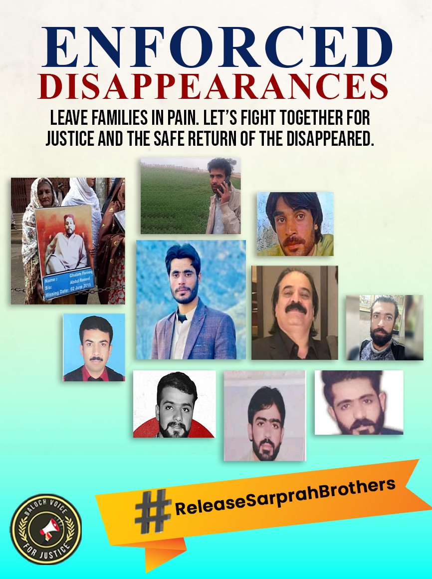 BalochV4Justice's tweet photo. Enforced disappearances leave families in pain. Let’s fight together for justice and the safe return of the disappeared.
#ReleaseSarprahBrothers https://t.co/Nz9EDDaSDa