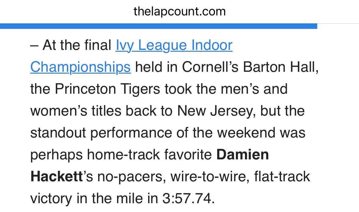 13 years ago I won the Heps mile in 4:21.11 on that same track — it must be these damn shoes!