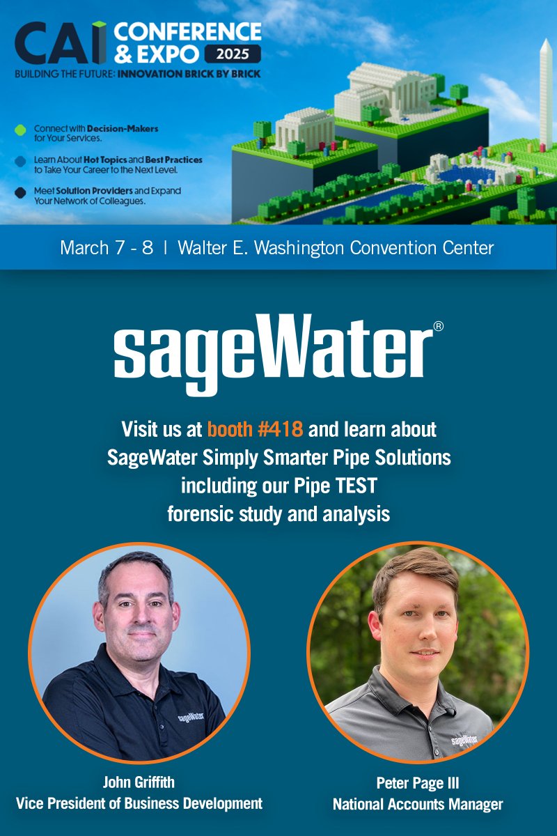 SageWater's tweet image. Attending the Washington Metropolitan Chapter Community Associations Institute Conference &amp;amp; Expo this week at the Washington Conference Center? Stop by to meet us and hear how SageWater can help with the aging pipes in your building!

#WMCCAI #SageWater #repipe