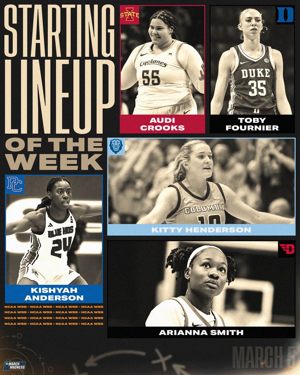 NCAA March Madness (@marchmadnesswbb) on Twitter photo Week 18 Starting Lineup ๐๏ธ
Kishyah Anderson of <a href="/BlueHoseWBB/">Presbyterian College Womenโs Basketball</a>
<a href="/AudiCrooks/">Audi Crooks</a> of <a href="/CycloneWBB/">Cyclone Basketball</a>
Toby Fournier of <a href="/DukeWBB/">Duke Womenโs Basketball</a>
<a href="/kittyhendo4/">Kitty Henderson</a> of <a href="/CULionsWBB/">Columbia Women's Basketball</a>
<a href="/arianna_nany116/">Arianna Smith</a> of <a href="/DaytonWBB/">Dayton Women's Basketball</a>
๐ bit.ly/3D4T2Xi
#NCAAWBB Week 18 Starting Lineup ๐๏ธ
Kishyah Anderson of <a href="/BlueHoseWBB/">Presbyterian College Womenโs Basketball</a>
<a href="/AudiCrooks/">Audi Crooks</a> of <a href="/CycloneWBB/">Cyclone Basketball</a>
Toby Fournier of <a href="/DukeWBB/">Duke Womenโs Basketball</a>
<a href="/kittyhendo4/">Kitty Henderson</a> of <a href="/CULionsWBB/">Columbia Women's Basketball</a>
<a href="/arianna_nany116/">Arianna Smith</a> of <a href="/DaytonWBB/">Dayton Women's Basketball</a>
๐ bit.ly/3D4T2Xi
#NCAAWBB