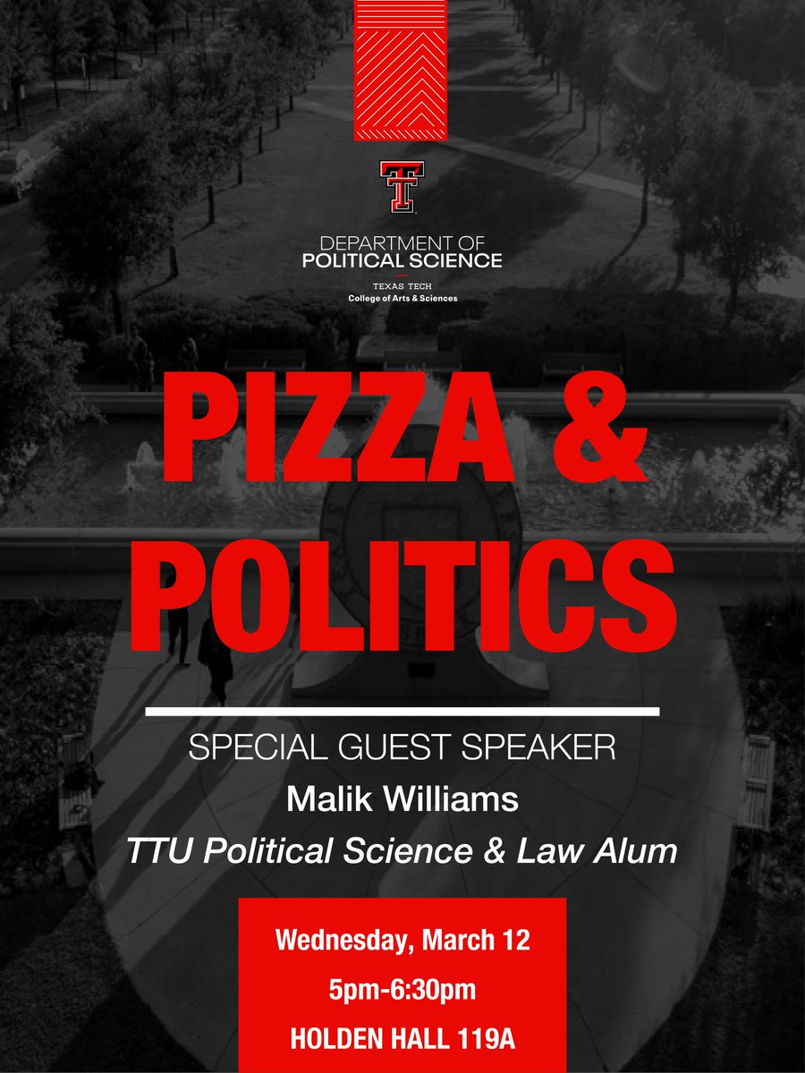 Join us Wednesday the 12th for another Pizza &amp; Politics discussion with guest speaker Malik Williams.  So, come on down to enjoy Pizza and drinks in Room 119A here in Holden Hall. See you there!!! 🍕⚖️