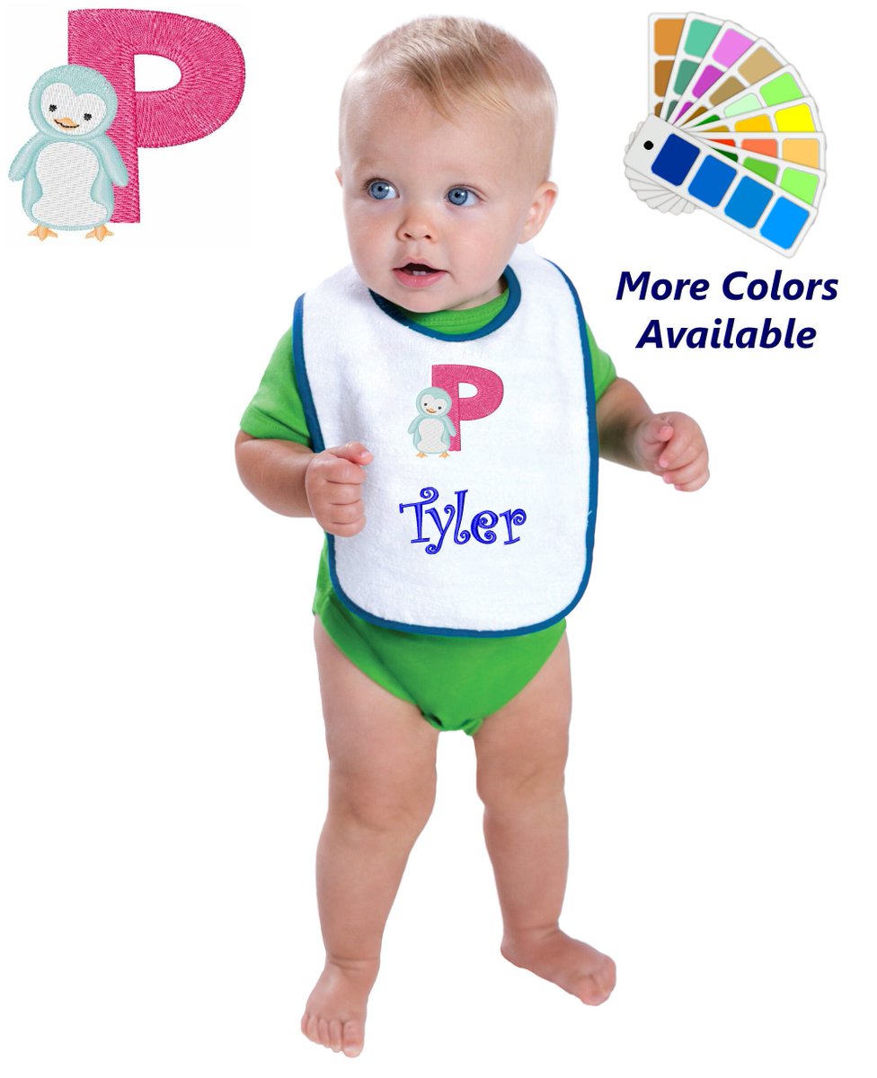 MyKidsApron's tweet photo. Personalized Baby Bib, White Cotton Terry with Contrast Trim, Letter P, Alphabet, Penguin Design, for Boy or Girl, Embroidered Name https://t.co/YThVDmsl2K
 #BabyBib #bib https://t.co/bqK7b6d4aF