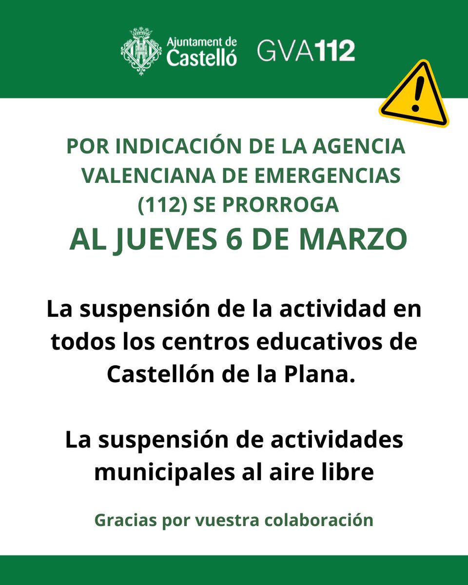 ⚠️Tras la reunión del CECOPAL de hoy y en virtud del Nivel 0 decretado por la Generalitat y según las recomendaciones del 112, se ha decidido prorrogar en Castellón el Plan de  Emergencia🚨 por fenómenos meteorológicos y 💦 riesgo de fuertes precipitaciones al jueves 6 MARZO.