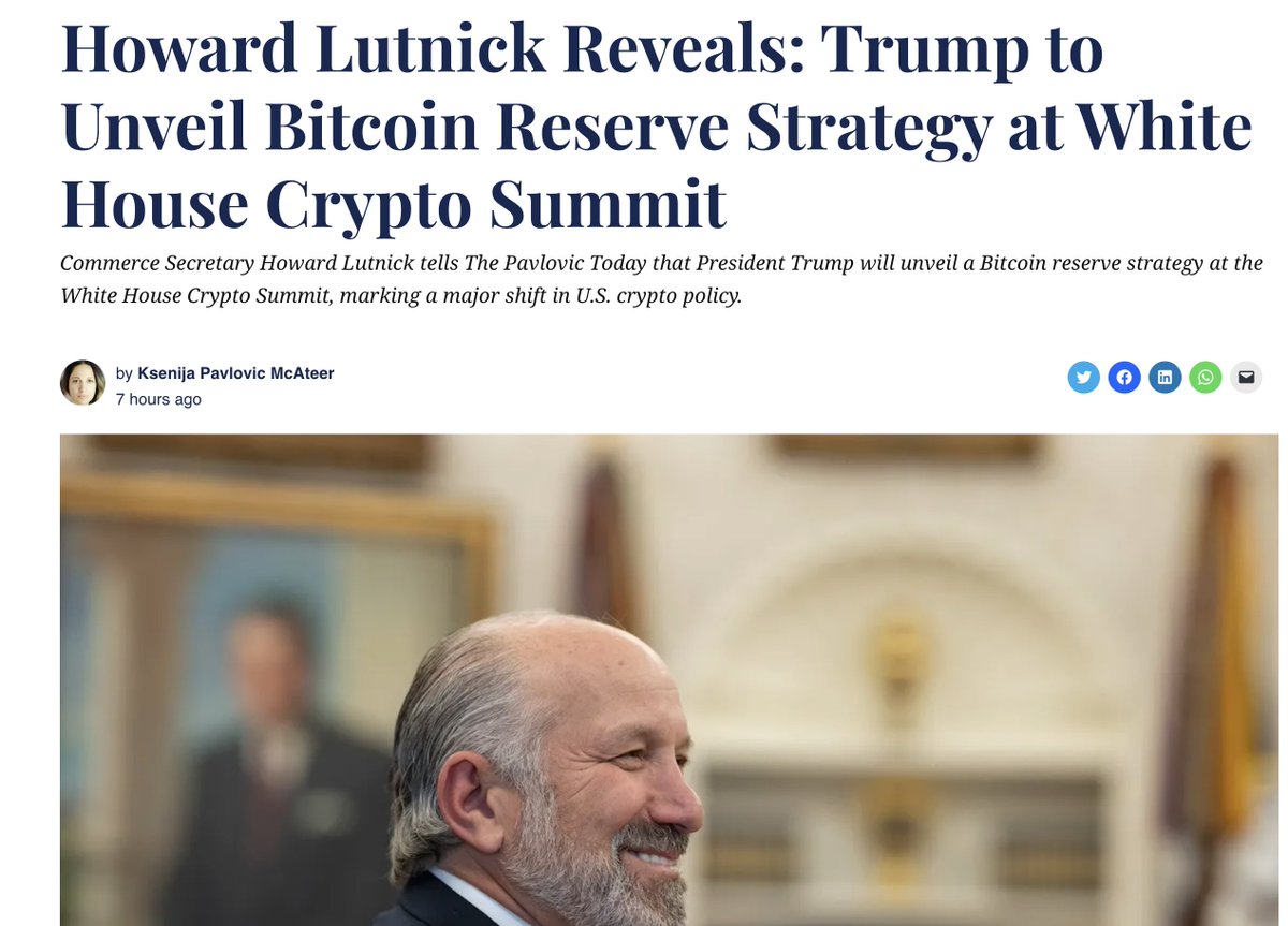 SBR: Confirming rumors, President #Trump is set to introduce a Strategic US  #Bitcoin Reserve at the White House Crypto Summit, according to the US  commerce chief Howard Lutnick. President Donald Trump will