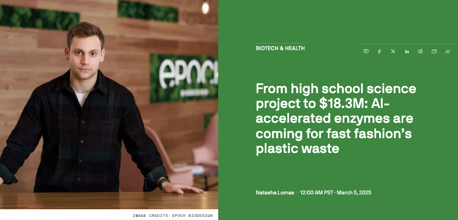 Day One Ventures (@dayonevc) on Twitter photo Winners in climate tech = those that make the sustainable choice the default choice through superior economics. <a href="/epochbio/">Epoch Biodesign</a>'s approach to plastic waste does exactly that. Proud to continue backing <a href="/JacobNathan__/">Jacob Nathan</a> & this extraordinary team!
More in <a href="/riptari/">Natasha 🧗♀️</a>'s <a href="/TechCrunch/">TechCrunch</a> story👇 Winners in climate tech = those that make the sustainable choice the default choice through superior economics. <a href="/epochbio/">Epoch Biodesign</a>'s approach to plastic waste does exactly that. Proud to continue backing <a href="/JacobNathan__/">Jacob Nathan</a> & this extraordinary team!
More in <a href="/riptari/">Natasha 🧗♀️</a>'s <a href="/TechCrunch/">TechCrunch</a> story👇