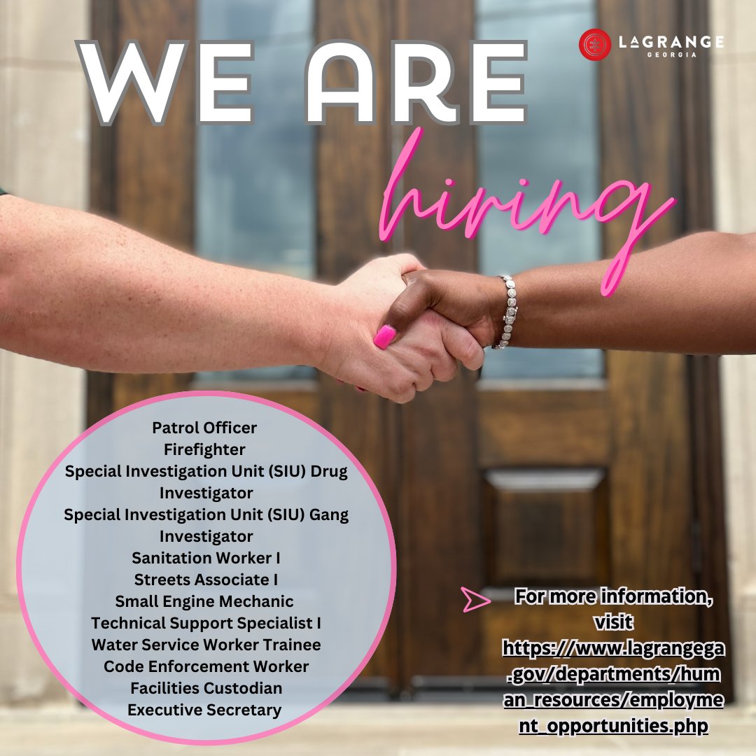Are you looking for a job? The City of LaGrange currently has several openings. Below are the openings as of 3/1/25. For more information visit: lagrangega.gov/departments/hu…