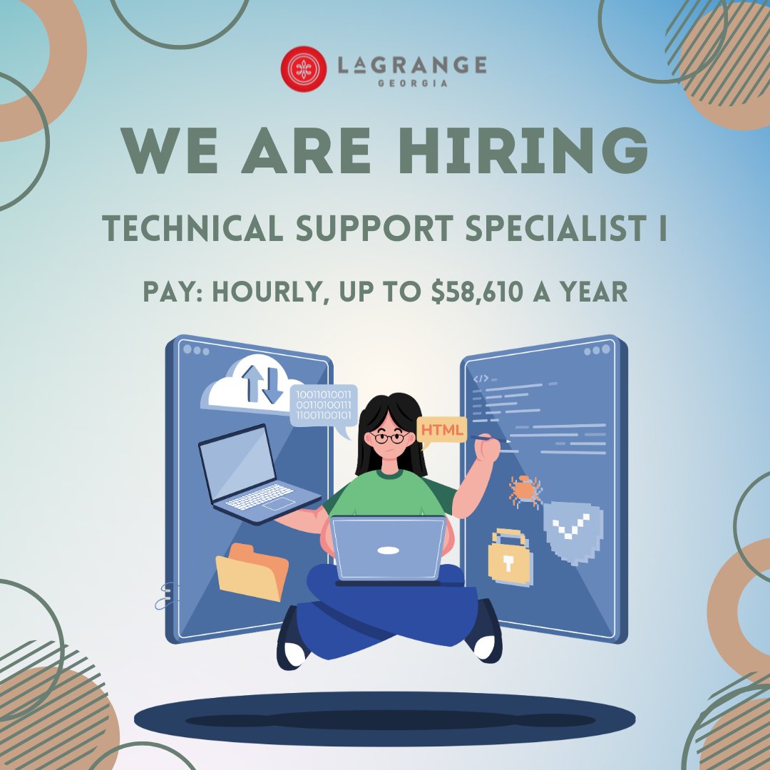 The City of LaGrange is now hiring for a Technical Support Specialist. Visit lagrangega.gov/departments/hu… for more information.

#nowhiring #LagrangeGa #cityinspired