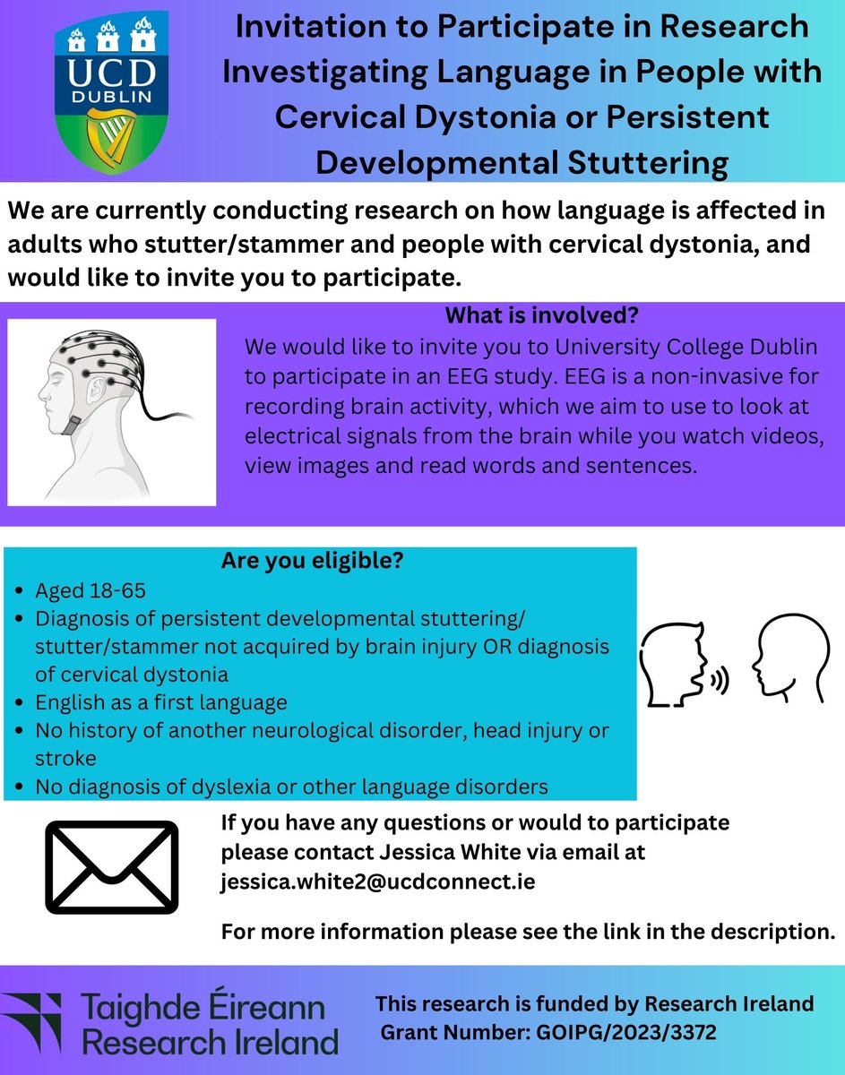 Jess White (@white_jessm) on Twitter photo Hi everyone! I am looking for participants for a study on how language is affected in people with cervical dystonia and adults who stutter. If you would like to participate, please contact me at jessica.white2@ucdconnect.ie
Learn More Here: docs.google.com/document/d/1Q5… Hi everyone! I am looking for participants for a study on how language is affected in people with cervical dystonia and adults who stutter. If you would like to participate, please contact me at jessica.white2@ucdconnect.ie
Learn More Here: docs.google.com/document/d/1Q5…