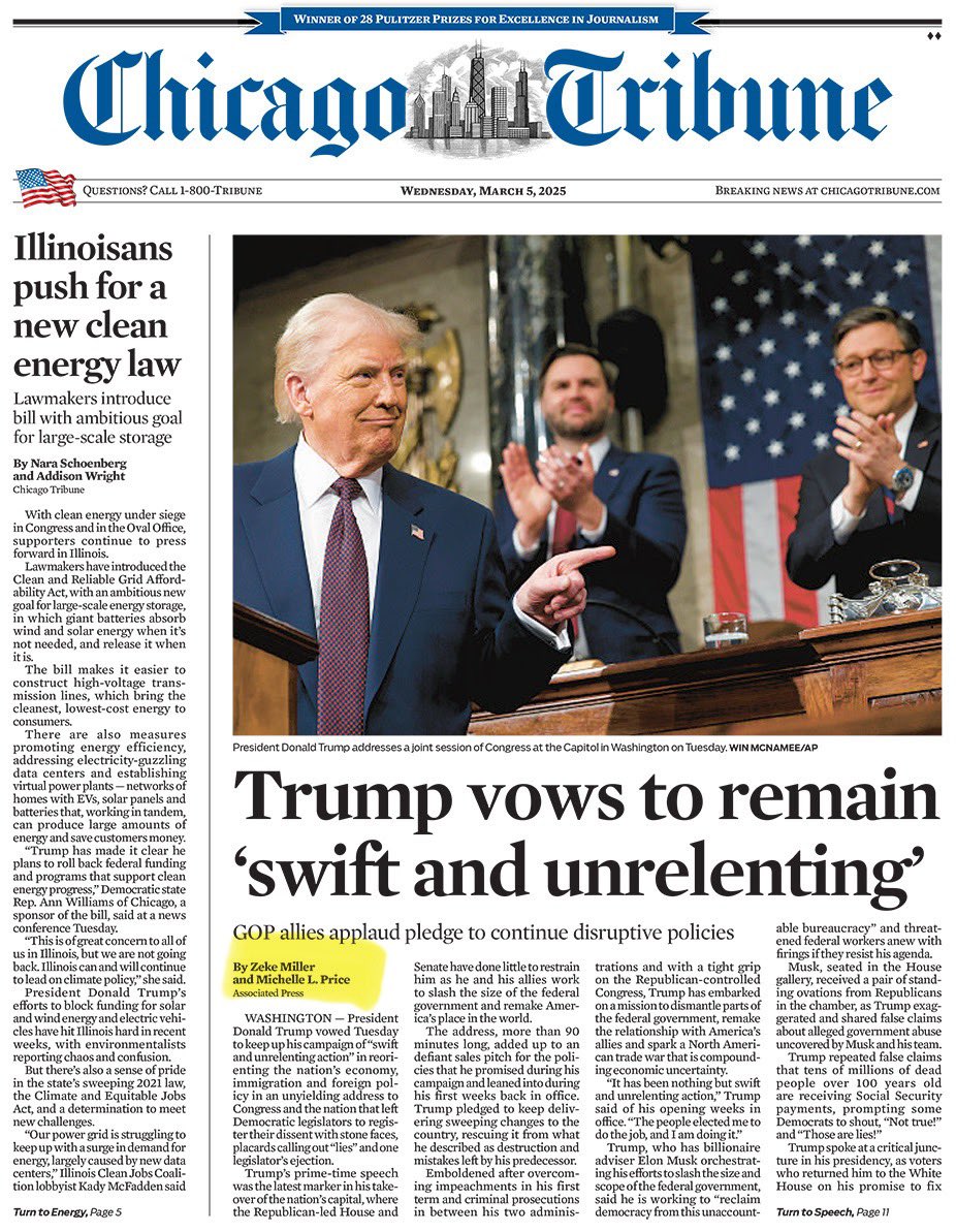INBOX: A <a href="/WhiteHouse/">The White House</a> press release touting front-page coverage of <a href="/realDonaldTrump/">Donald J. Trump</a>’s speech consists mostly of newspapers using a story by <a href="/AP/">The Associated Press</a>, which the administration has banned from the pool and most other open press events.